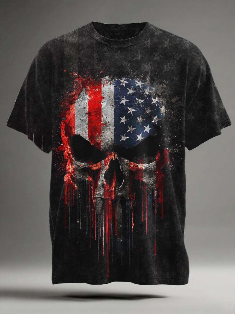 National flag and skull print casual short-sleeved T-shirt