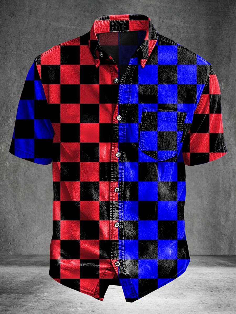 Color-blocked checkerboard print casual short-sleeved shirt