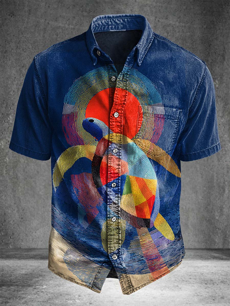 Colorful turtle art print casual short-sleeved shirt