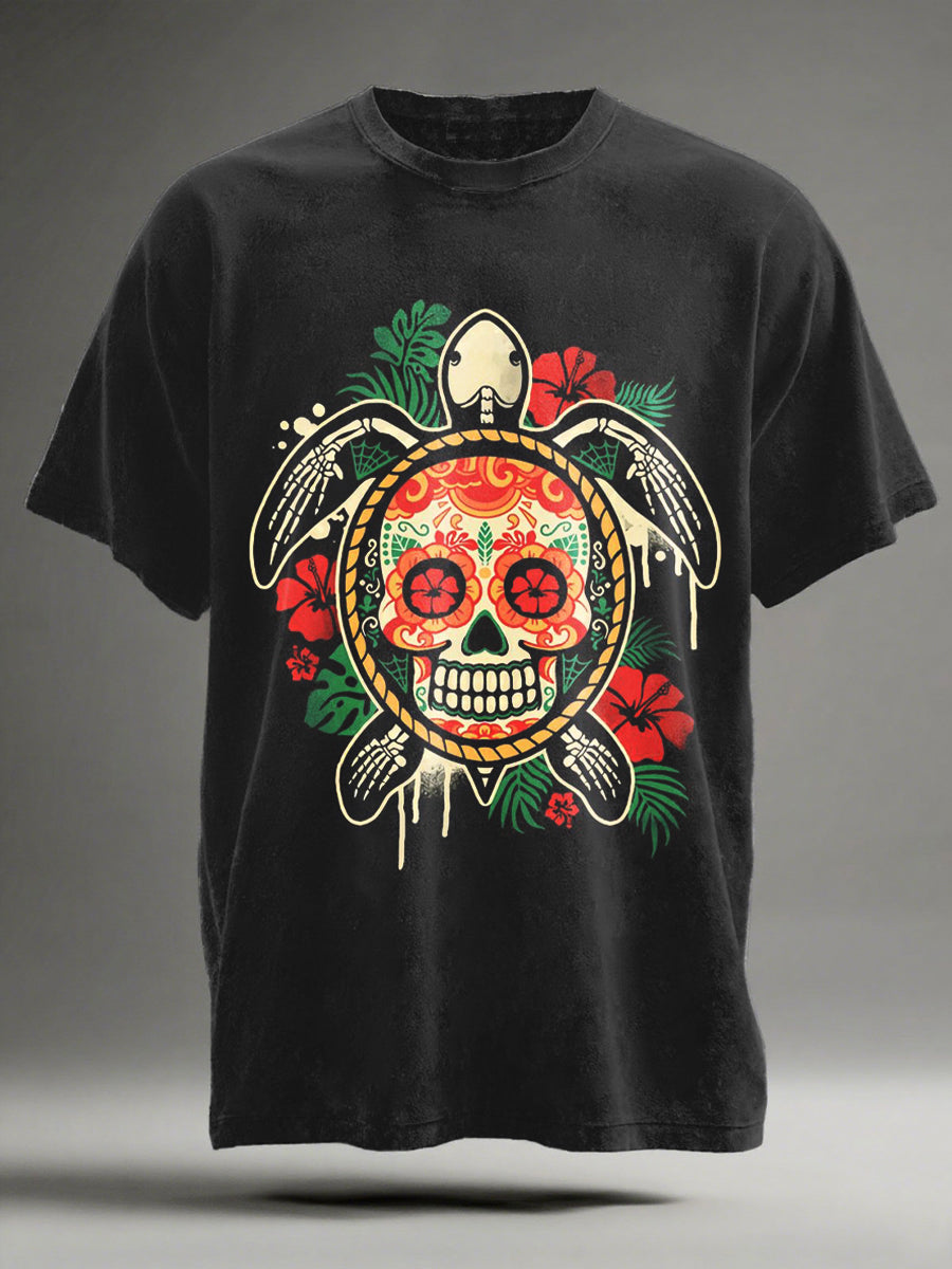Skull and Turtle Print Casual Short-Sleeve T-Shirt