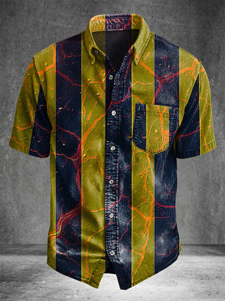 Retro striped marble print casual short-sleeved shirt