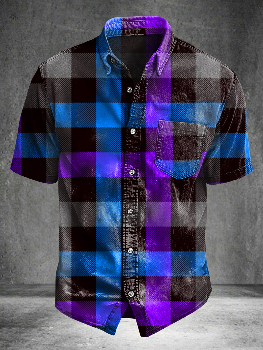 Gradient plaid print casual short-sleeved shirt