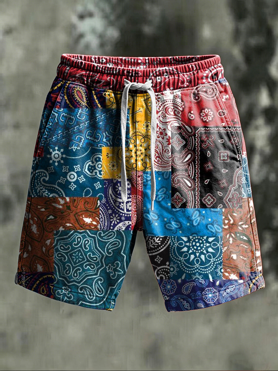 Color-blocked paisley patchwork printed casual shorts