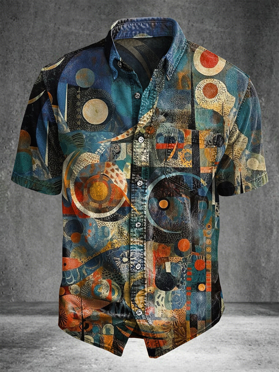 Retro collage art print casual short-sleeved shirt