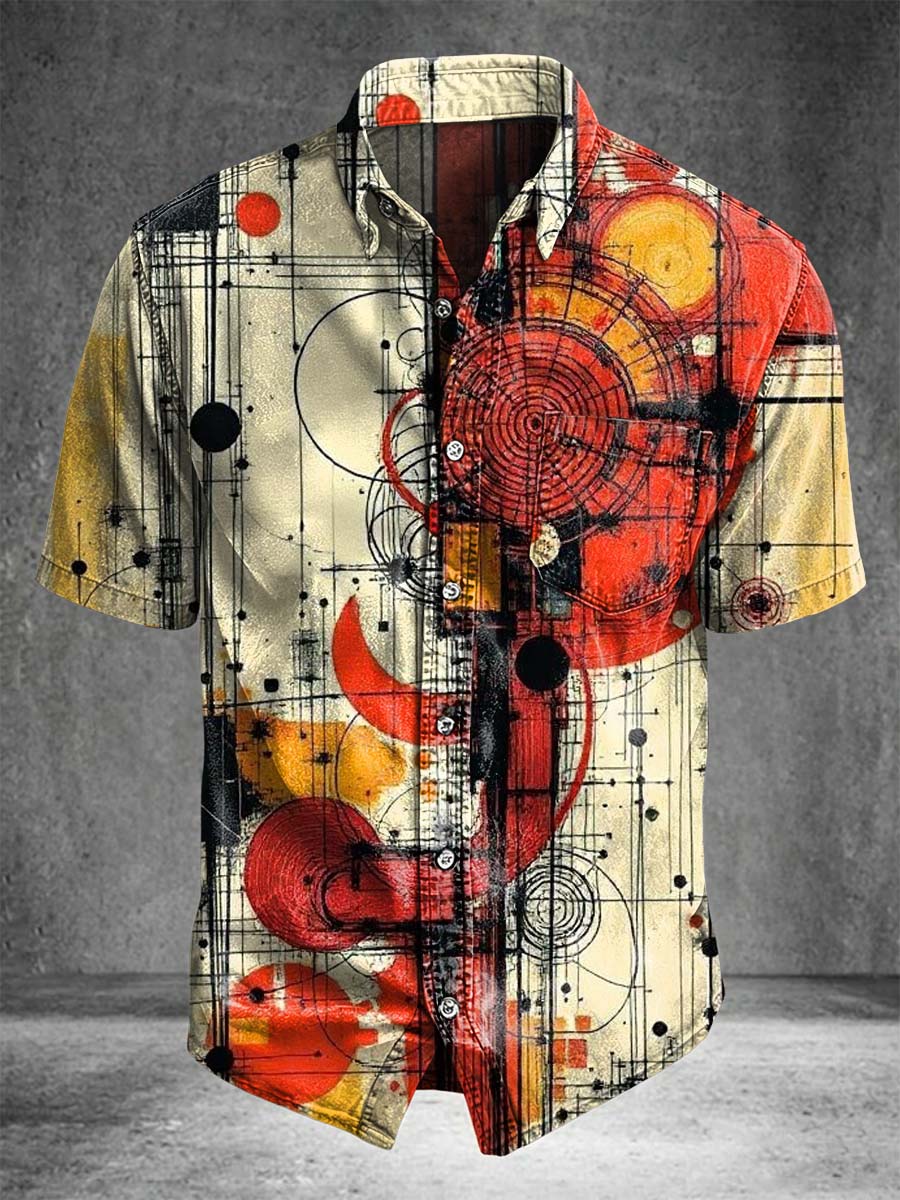 Industrial geometric graffiti print casual short-sleeved shirt