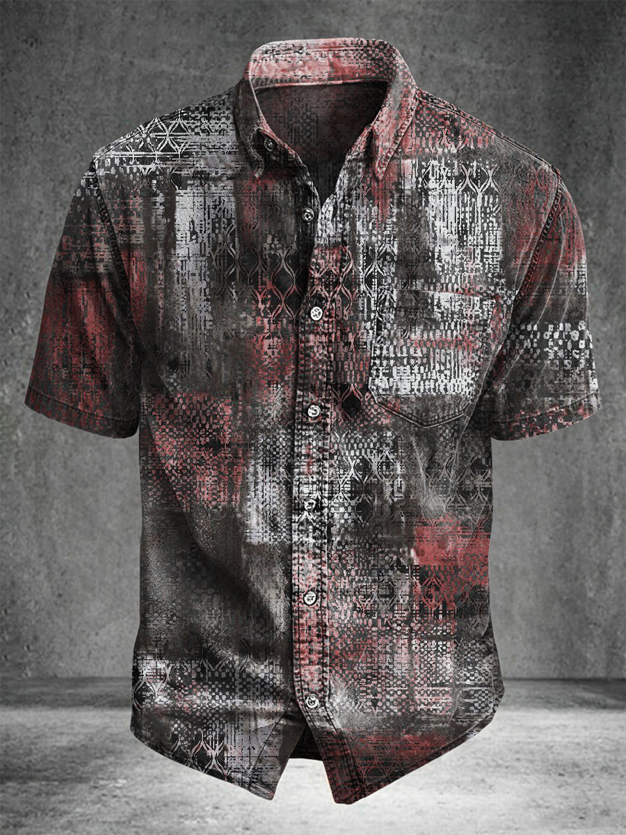 Ethnic geometric distressed print casual short-sleeved shirt