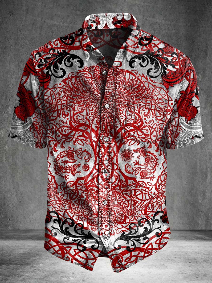 Red and white Viking dragon print casual short-sleeved shirt