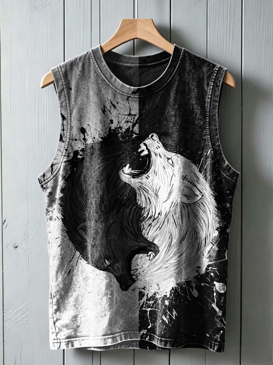 Black-edged wolf head print casual vest top
