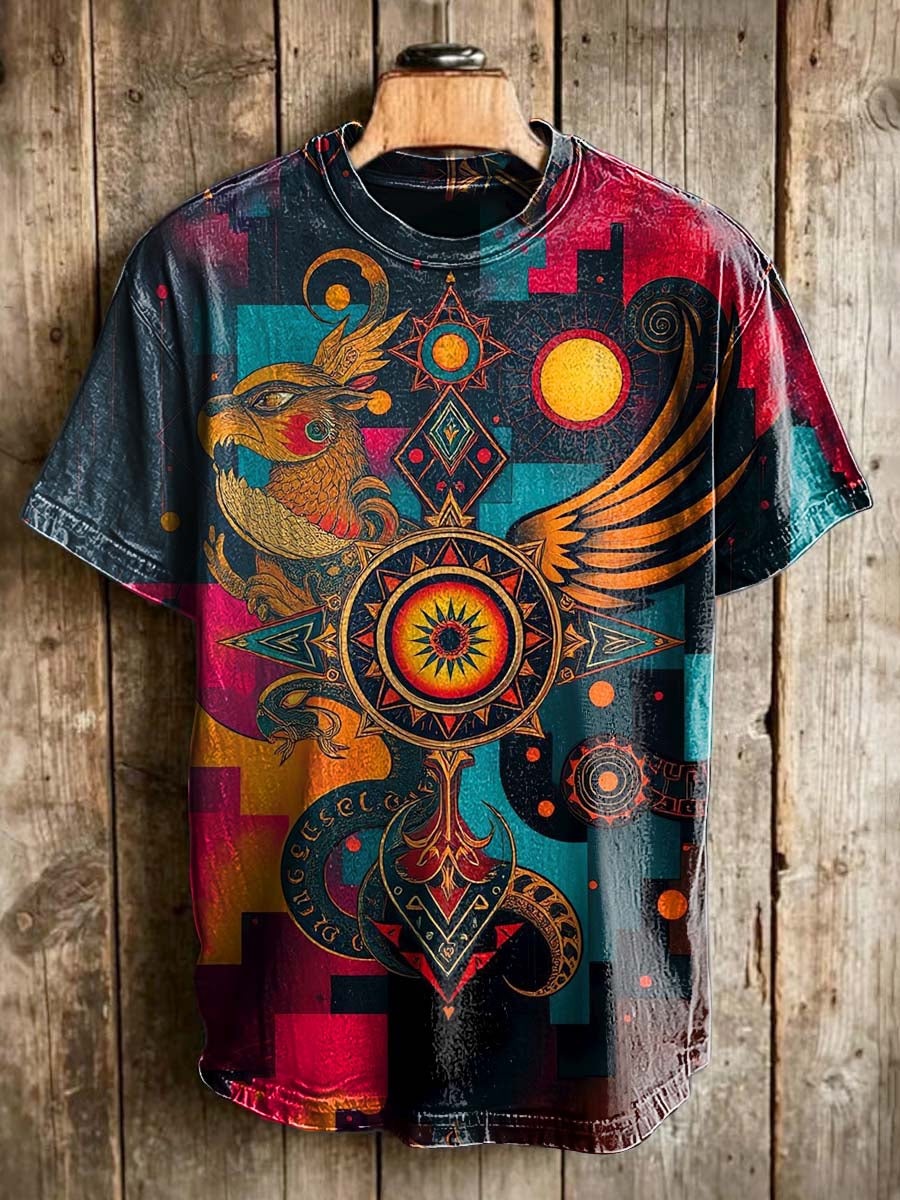 Feathered Serpent and Sun Totem Printed Casual Short-Sleeve T-Shirt