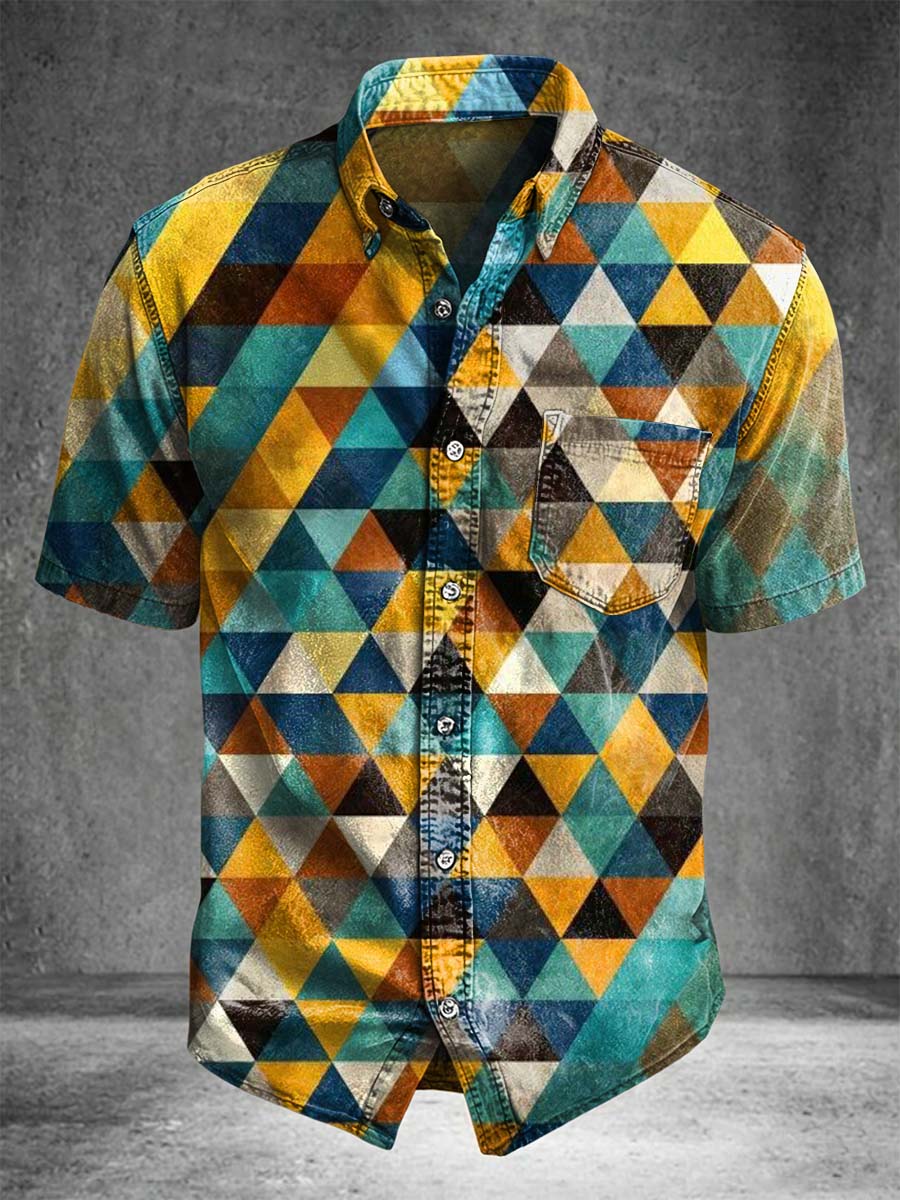 Triangular geometric print casual short-sleeve shirt