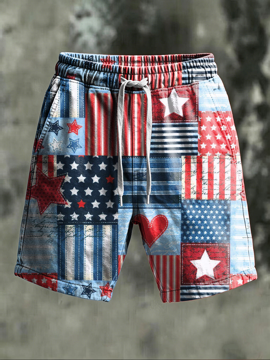 Star-Spangled Patchwork Print Casual Shorts