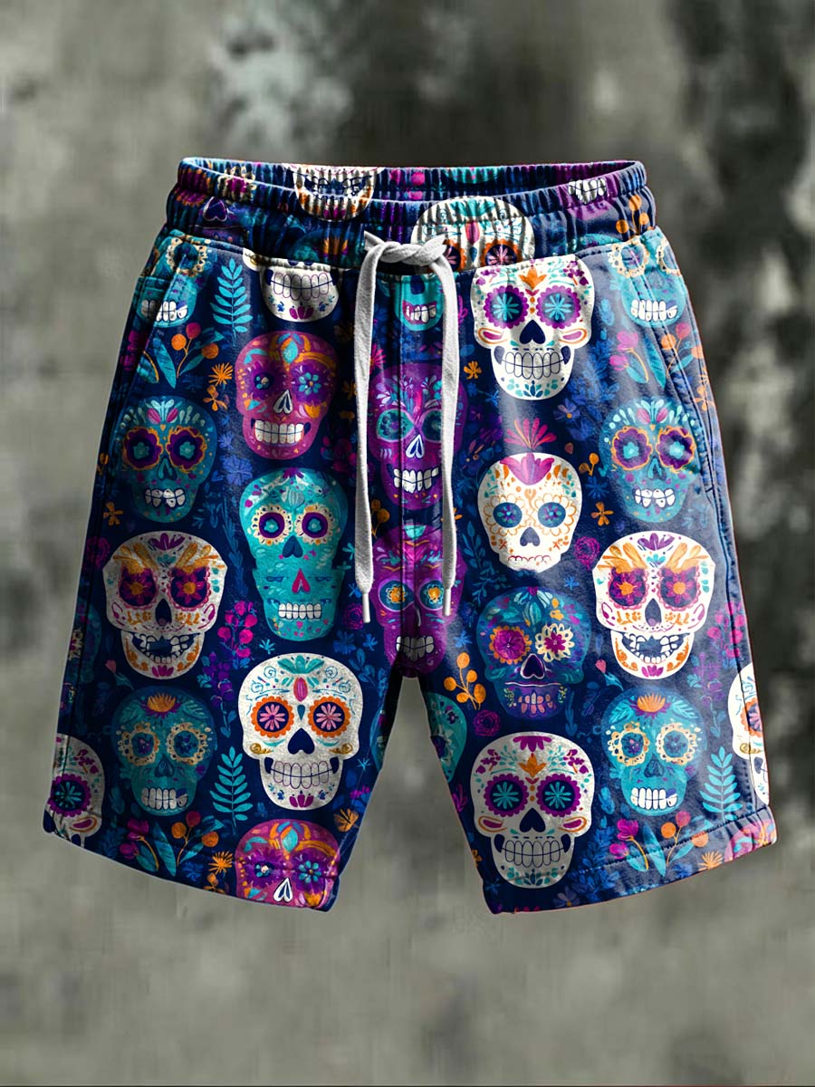 Day Of The Dead Skull Print Casual Shorts