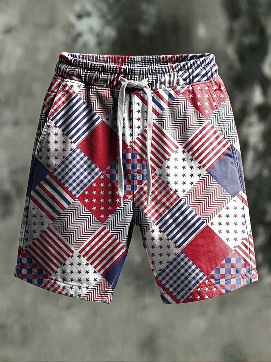 Star-Spangled Patchwork Print Casual Shorts