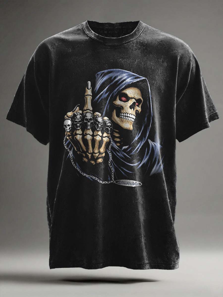 Middle Finger Skull Print Casual Short Sleeve T-shirt