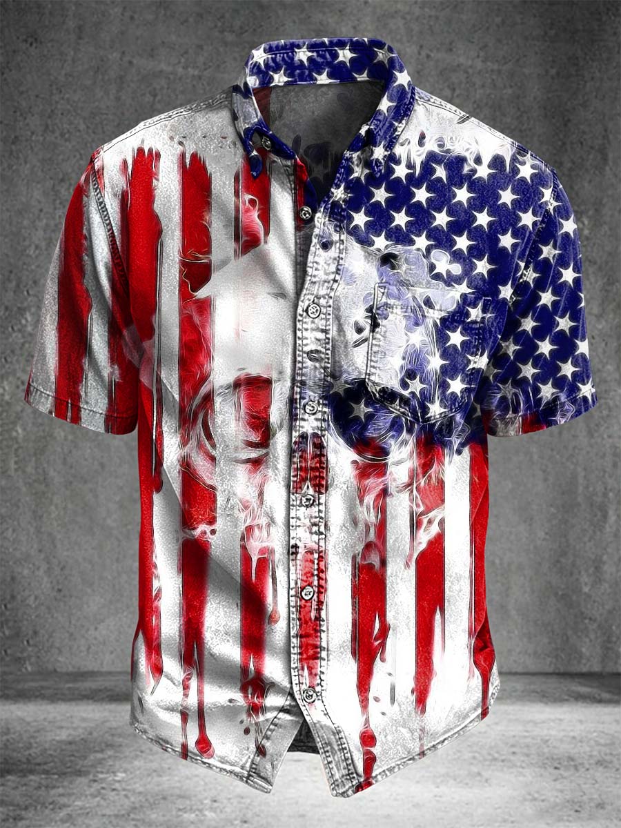 Skull & Flag Print Casual Short Sleeve Shirt