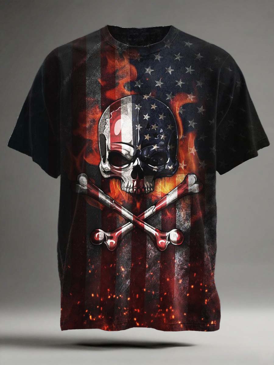 Flame Skull Flag Print Casual Short Sleeve T-shirt