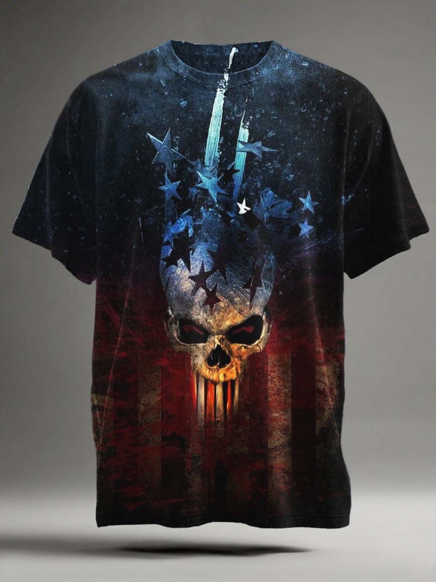 Predator Skull Flag Print Slim Short Sleeve T-shirt