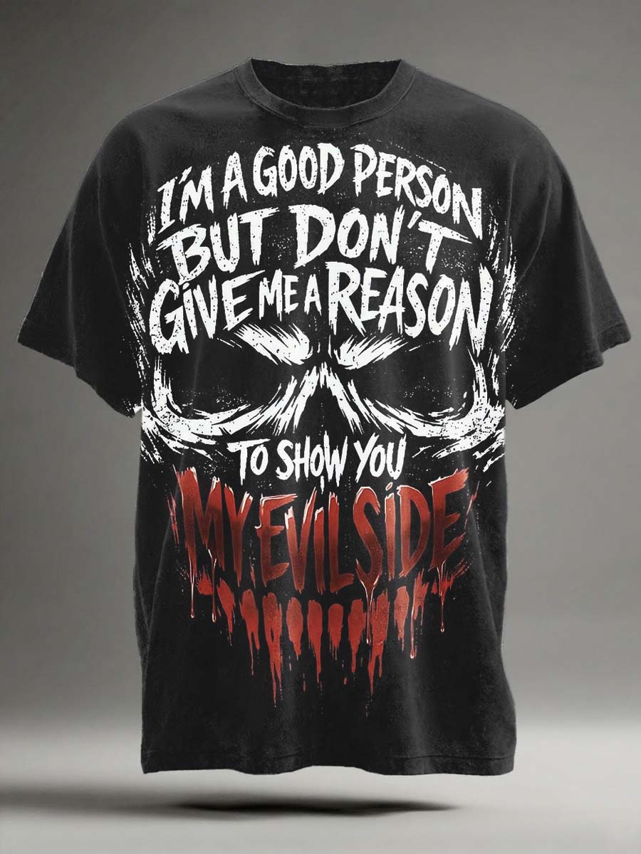 Good and Evil Two-Sided Skull Print Casual Short-Sleeve T-Shirt