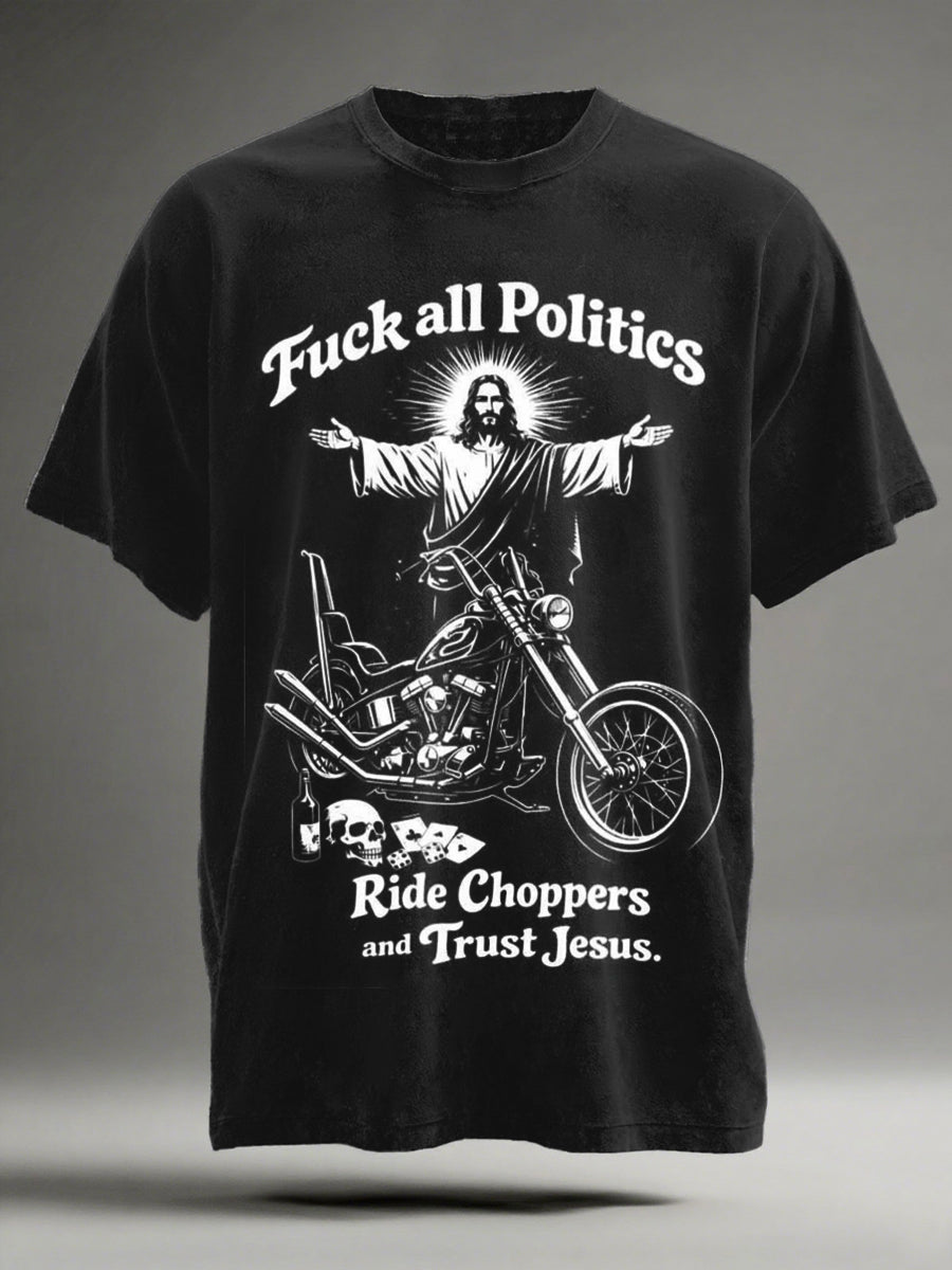 Anti-political motorcycle Jesus print casual short-sleeved T-shirt
