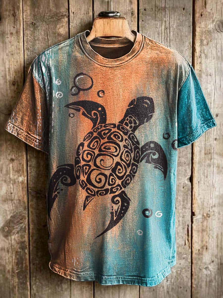 Tribal Sea Turtle Print Casual Short-Sleeve T-Shirt