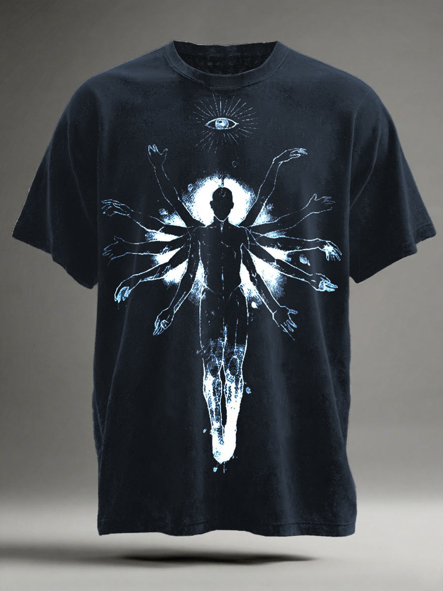 "Thousand-Armed Figure" Print Casual Short-Sleeve T-Shirt