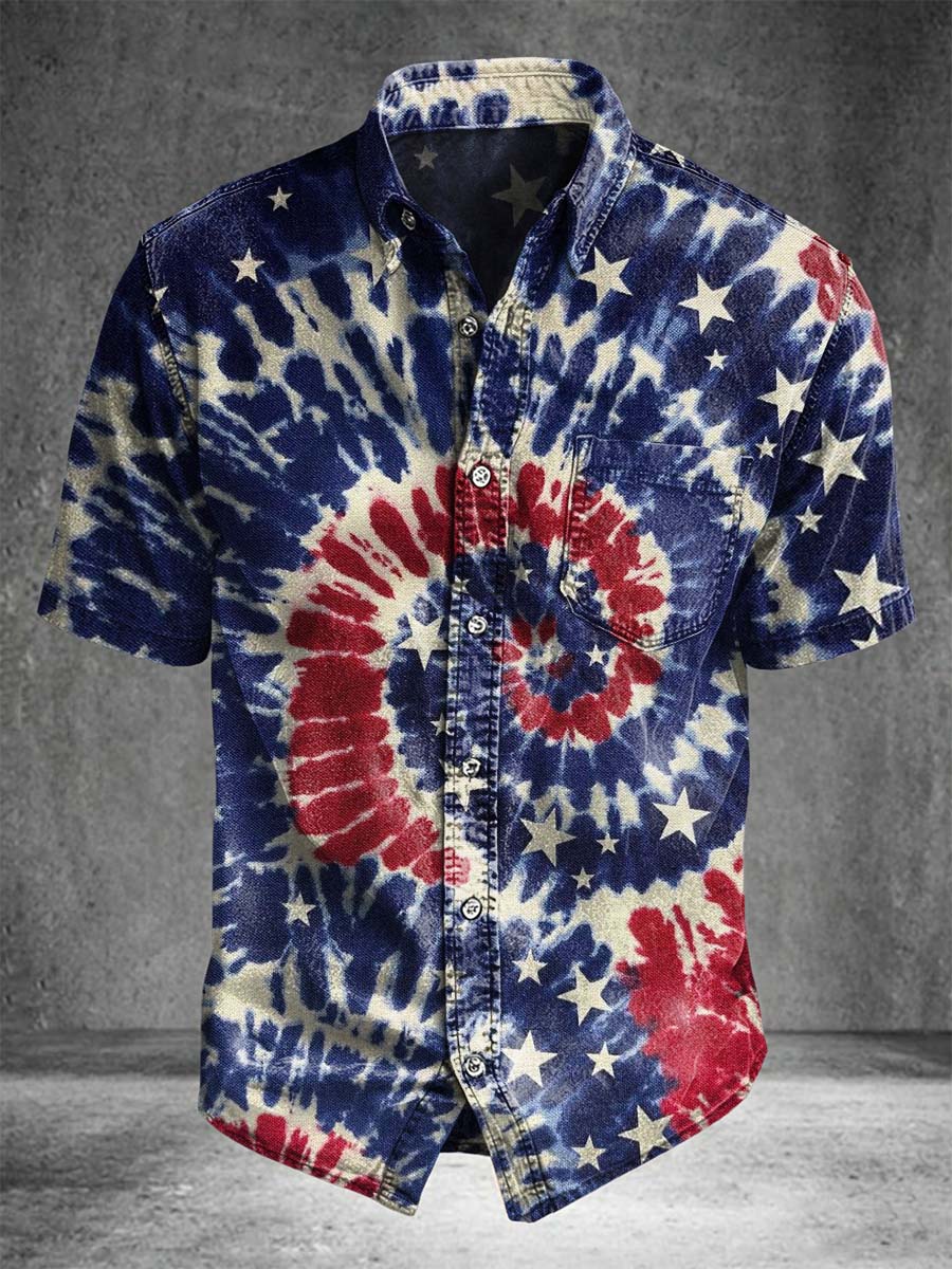 Flag-Star Tie-Dye Print Casual Short-Sleeve Shirt