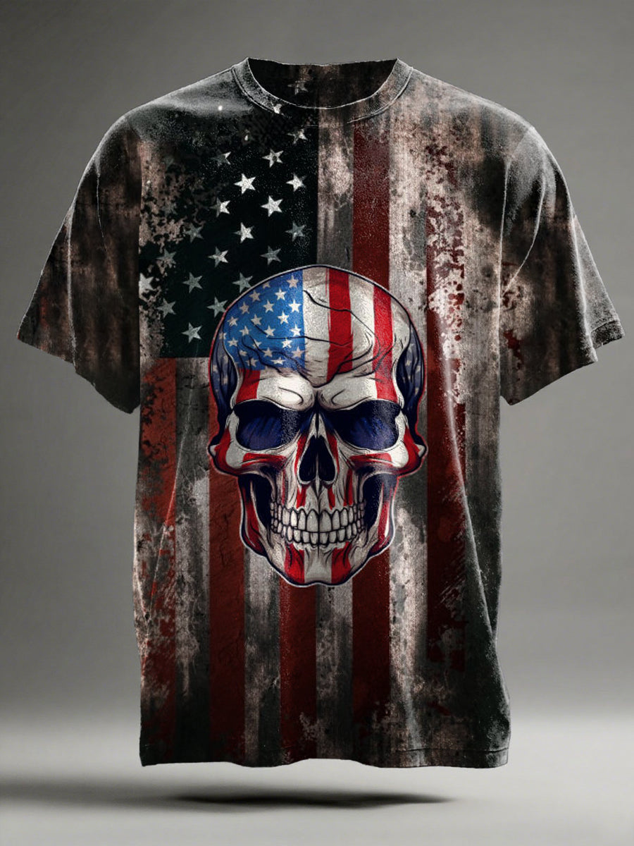 Flag & Skull Print Casual Short-Sleeve T-Shirt