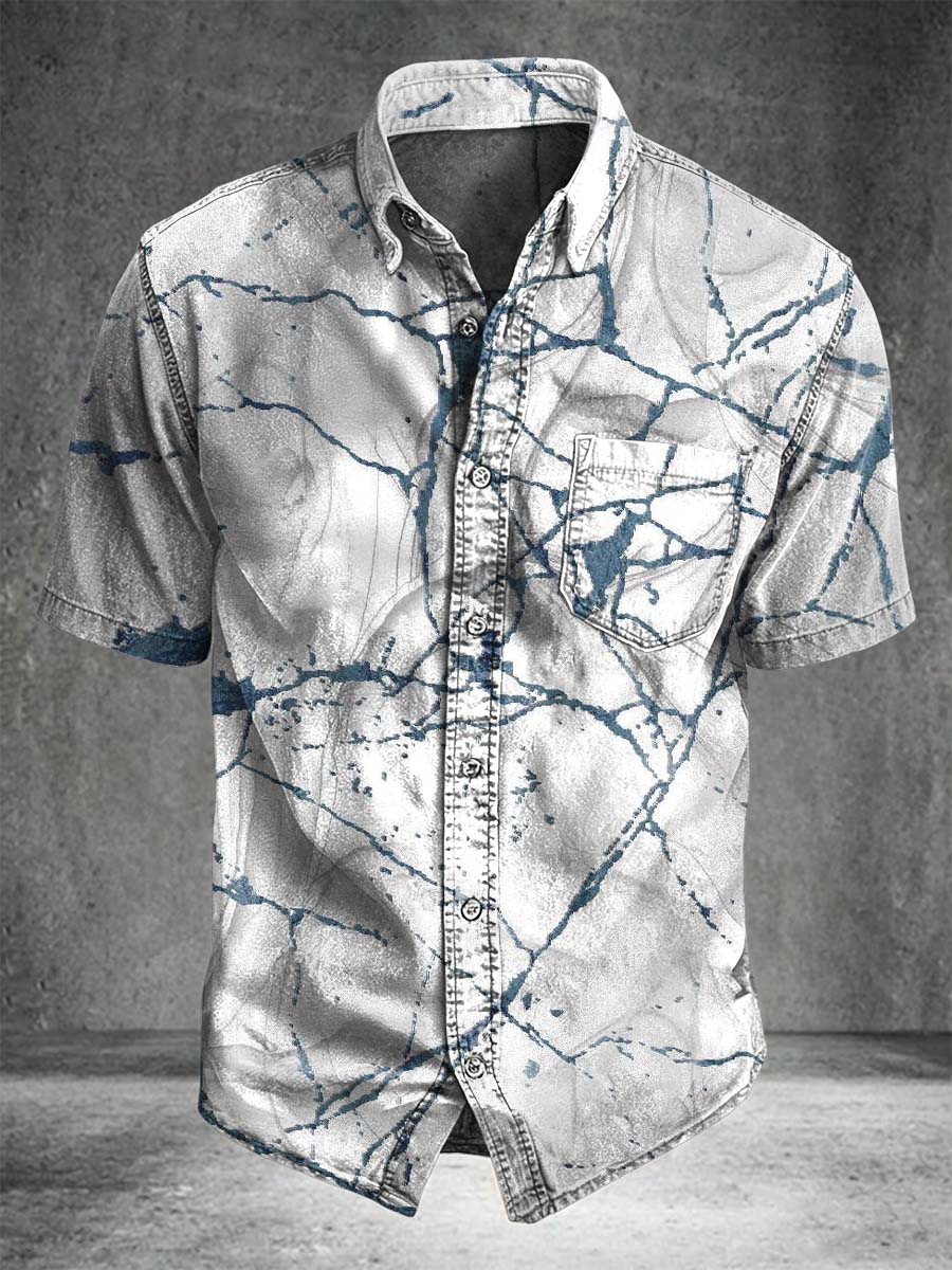 Marble-Crack Print Casual Short-Sleeve Shirt