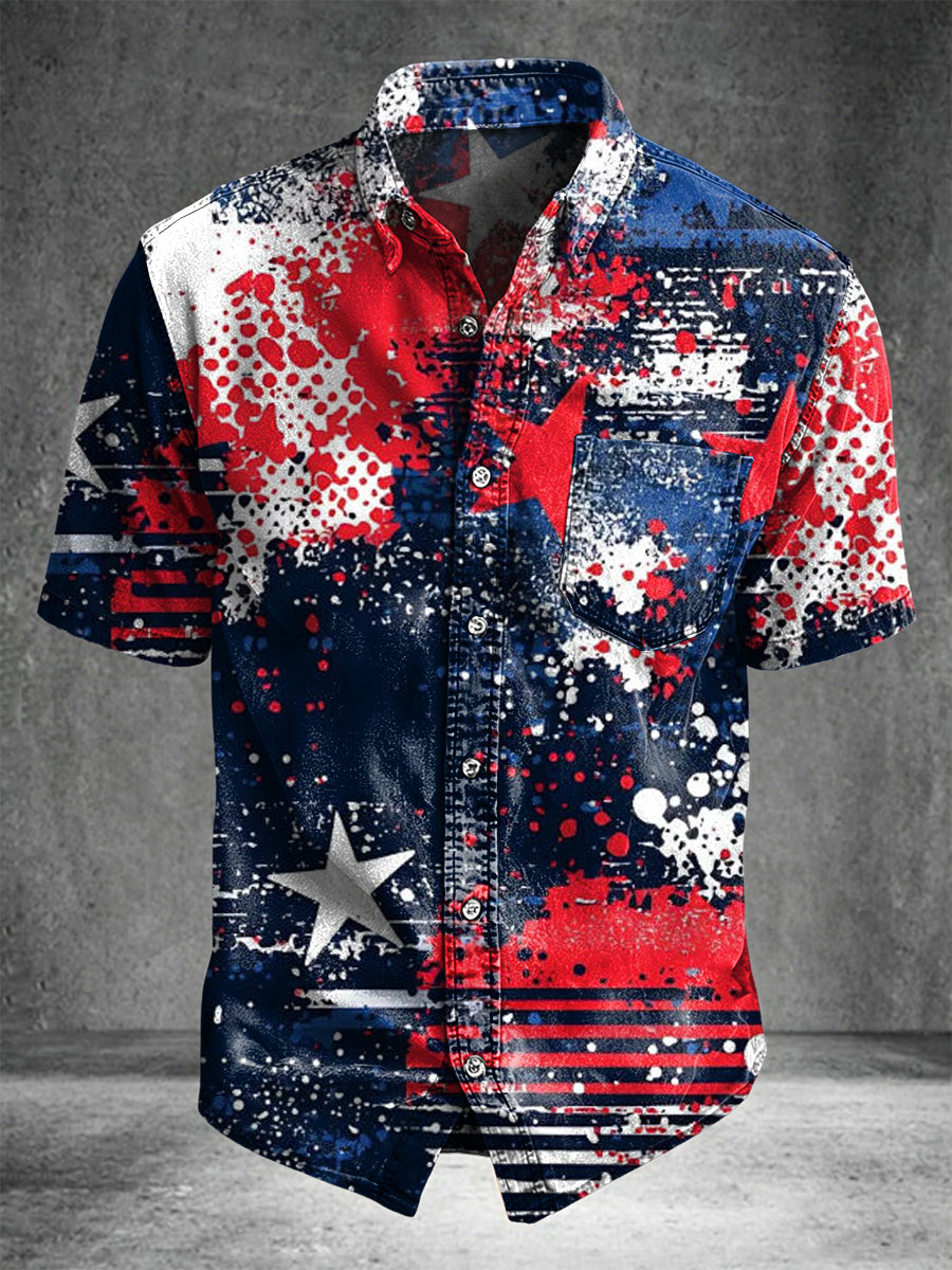 Splatter-Paint Star-and-Stripe Print Casual Short-Sleeve Shirt