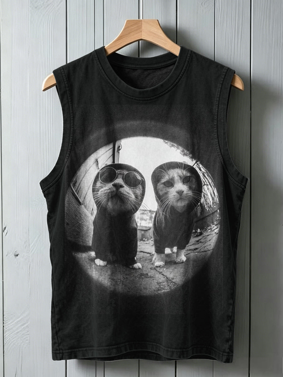Playful Cat Print Casual Tank Top