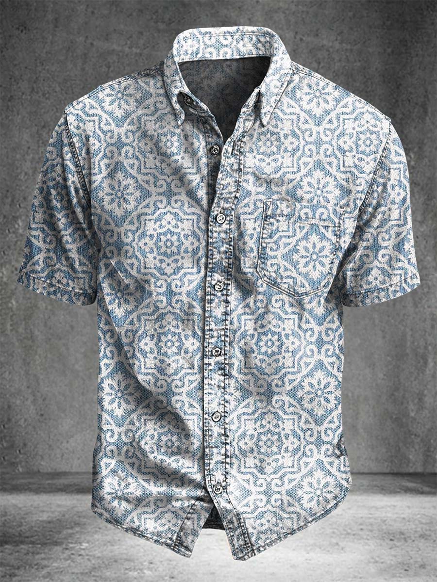 Ethnic-Patterned Printed Casual Short-Sleeve Shirt