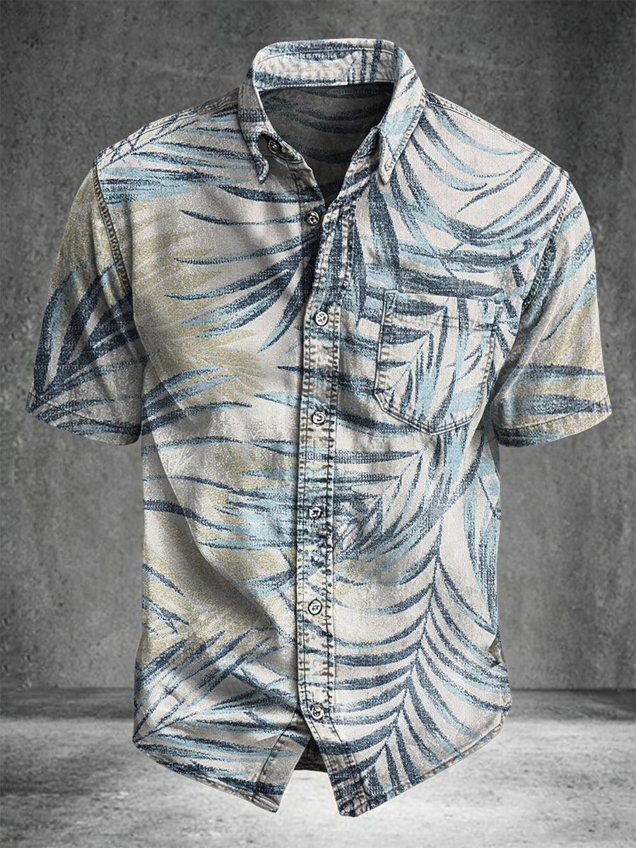 Tropical Palm Leaf Print Casual Short-Sleeve Shirt