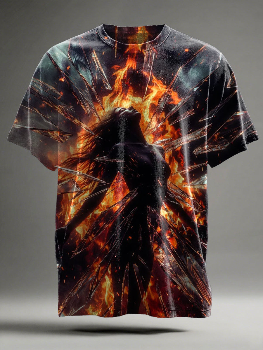 "Shattered Mirror & Flames" Graphic Casual Short-Sleeve T-Shirt