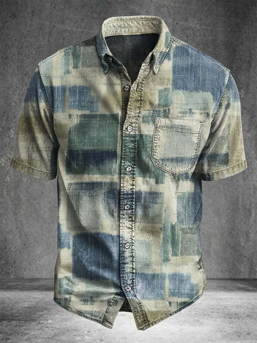 Vintage Distressed Print Casual Short-Sleeve Shirt