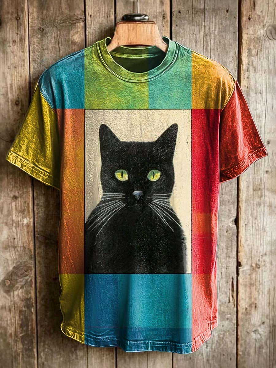 Distressed-Look Colorful Geometric Cat Print Casual Short-Sleeve T-Shirt