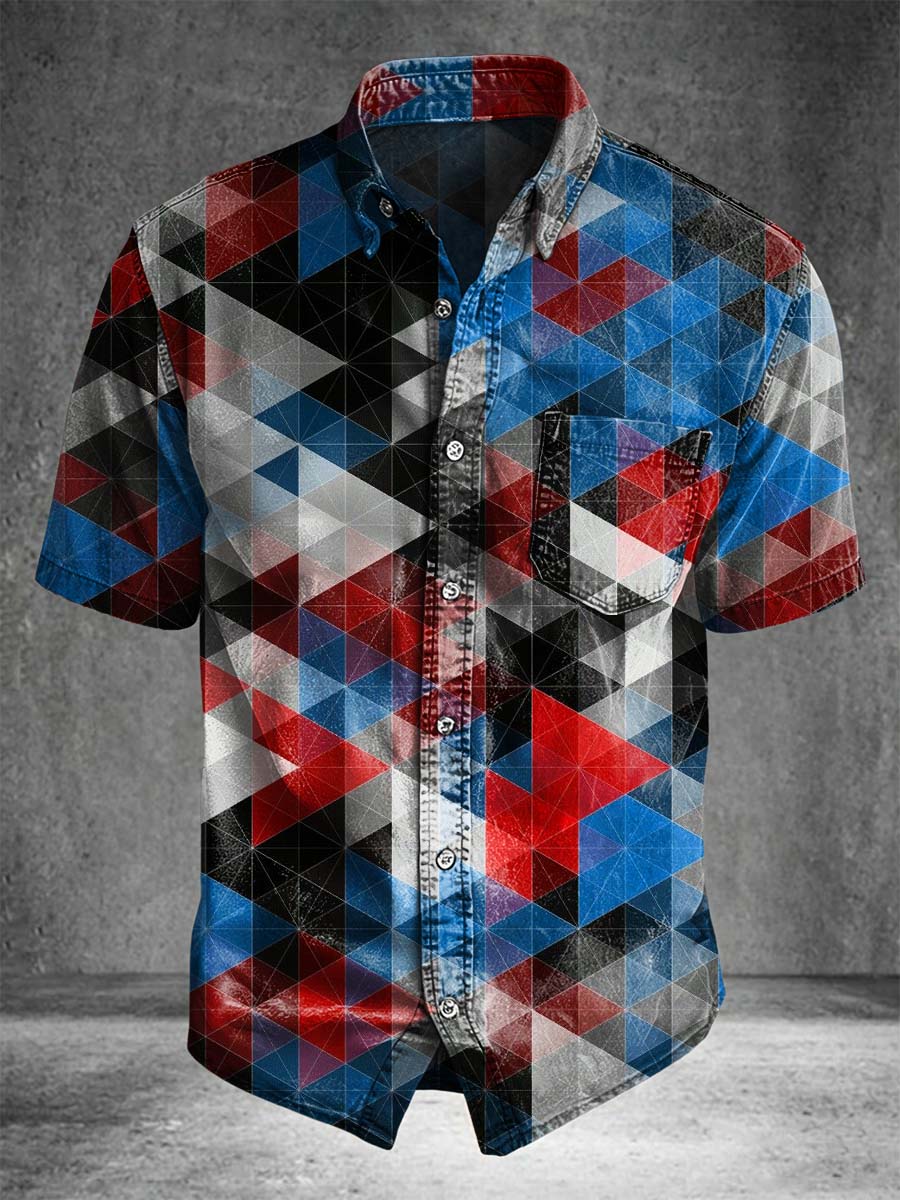 Color-Block Geometric Triangle Print Casual Short-Sleeve Shirt