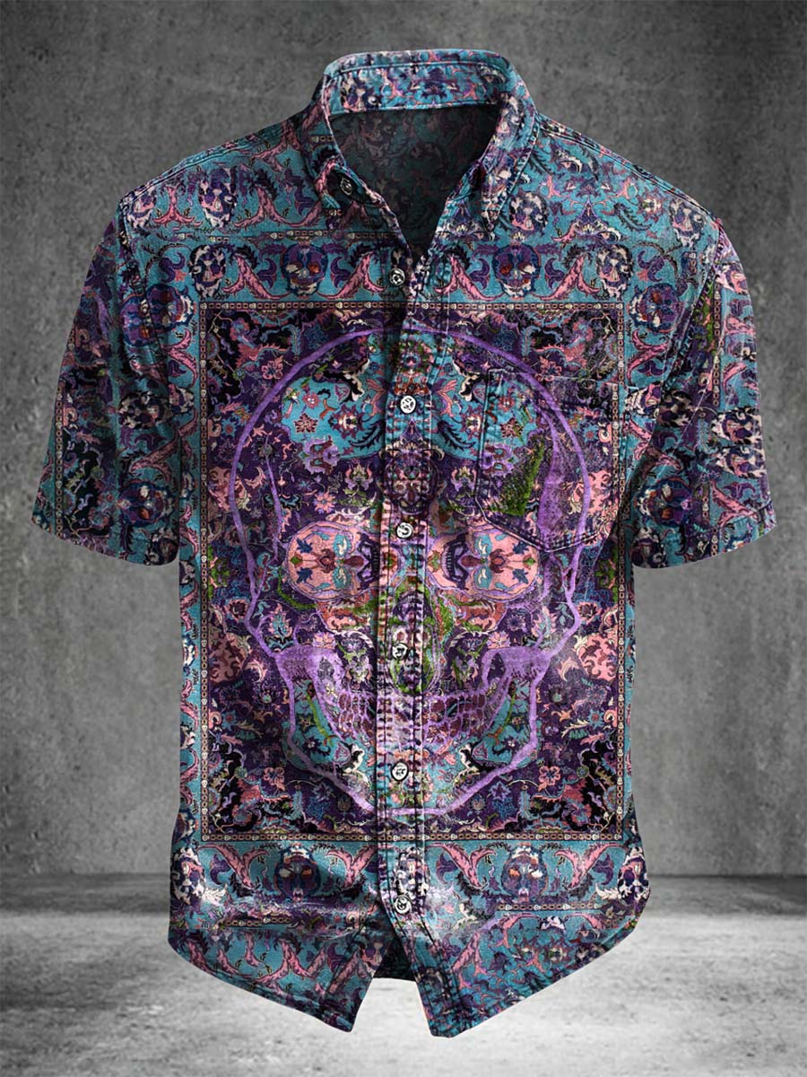 Paisley Skull Print Casual Short-Sleeve Shirt