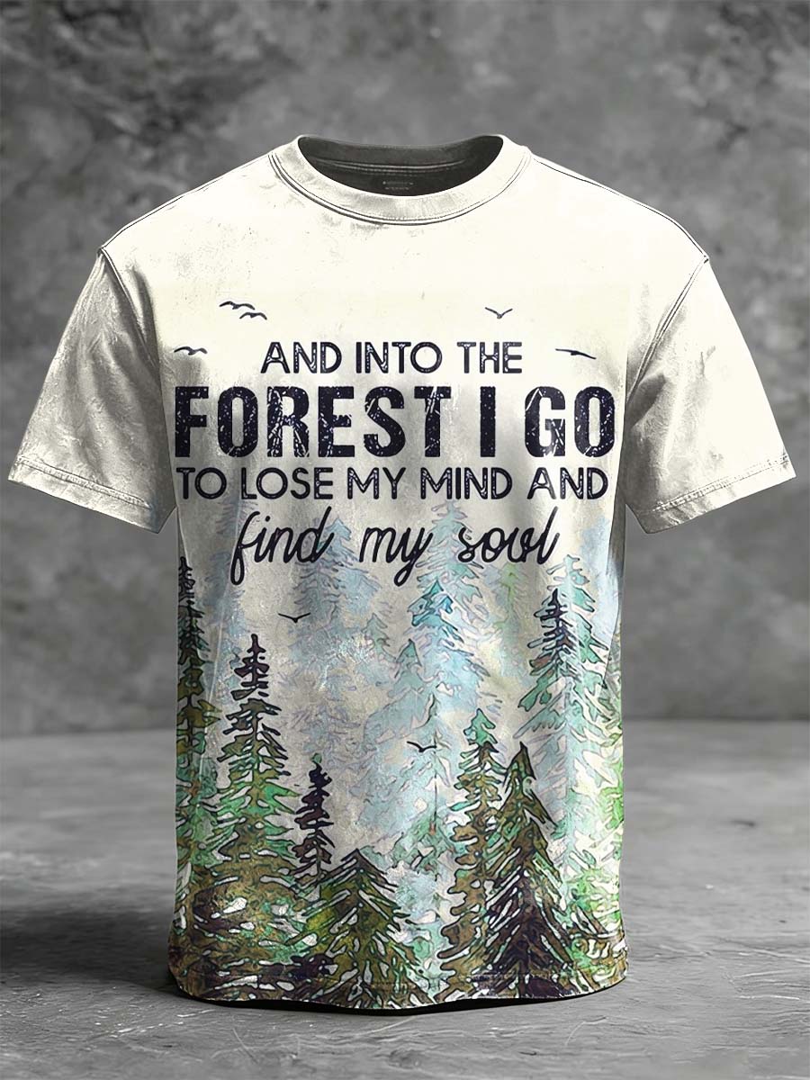 "Walking into the Forest" Watercolor Forest Landscape Printed Casual Short-Sleeve T-Shirt