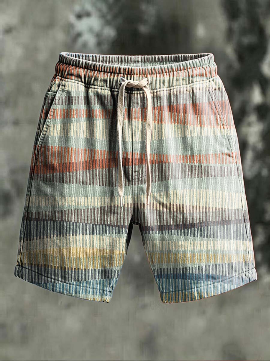 Retro Ethnic Pinstriped Print Casual Shorts