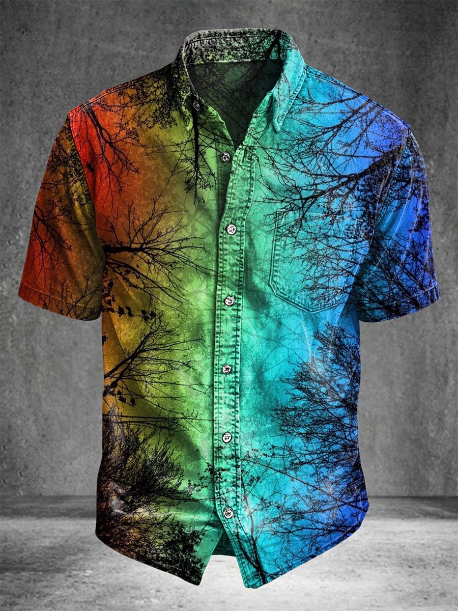 Rainbow Gradient Tree Shadow Print Casual Short-Sleeve Shirt