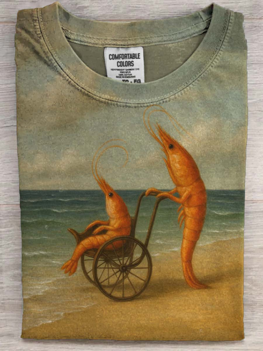 Shrimp Push by the Sea Print Casual Short-Sleeve T-Shirt