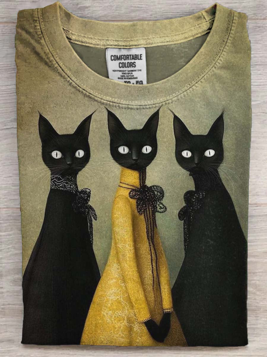 Three Sisters Black Cat Print Casual Short-Sleeve T-Shirt