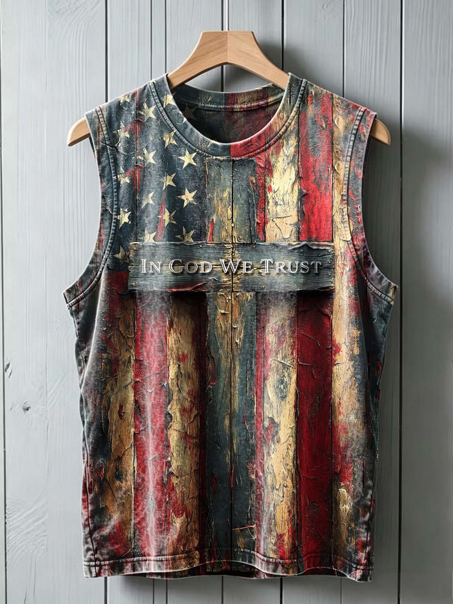 American Flag And Cross Print Casual Sleeveless Vest Top
