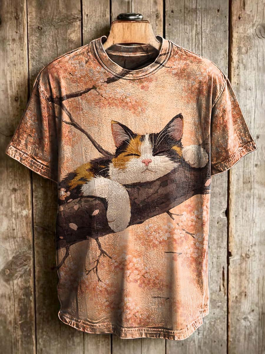 Cherry Blossom Tree Sleeping Cat Print Casual Short-Sleeve T-Shirt