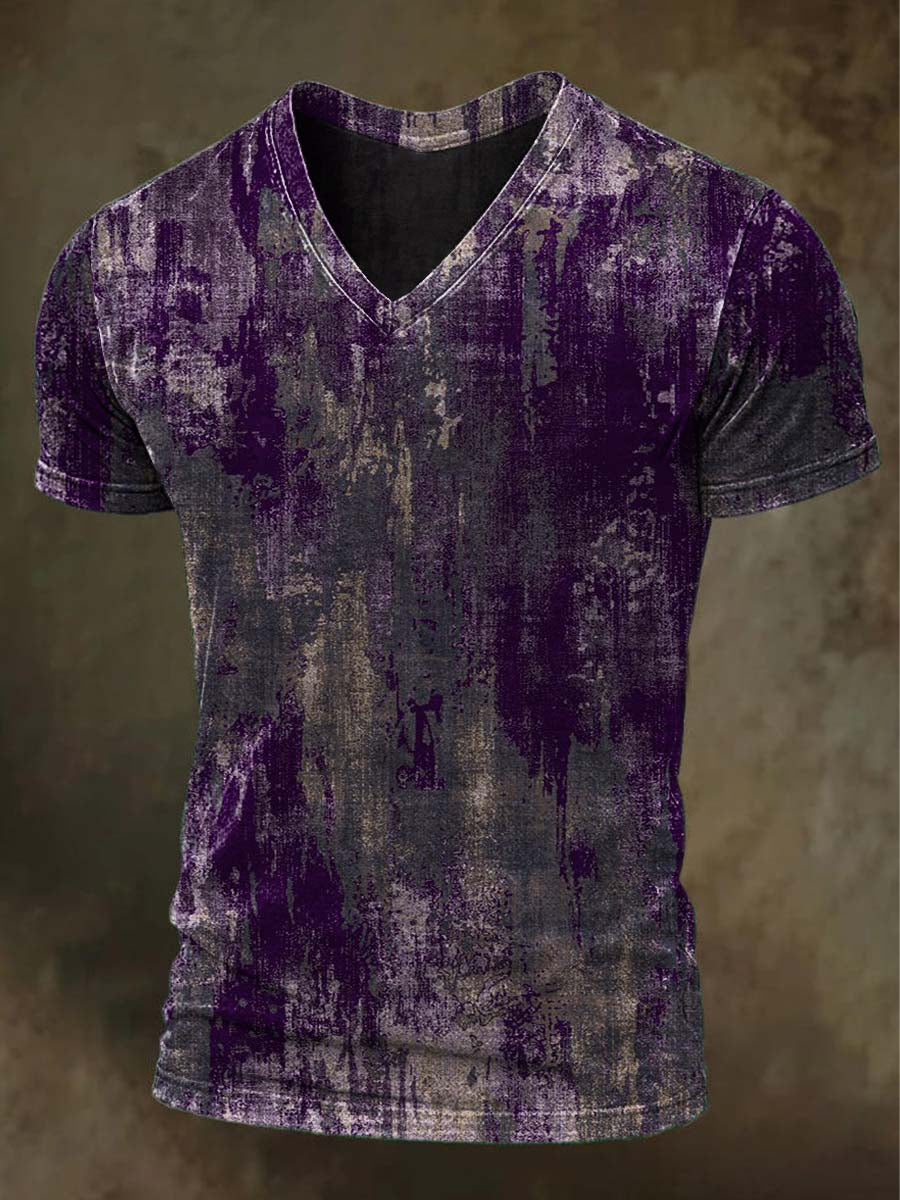 Distressed Diffusion Print Casual Short-Sleeve V-Neck T-Shirt