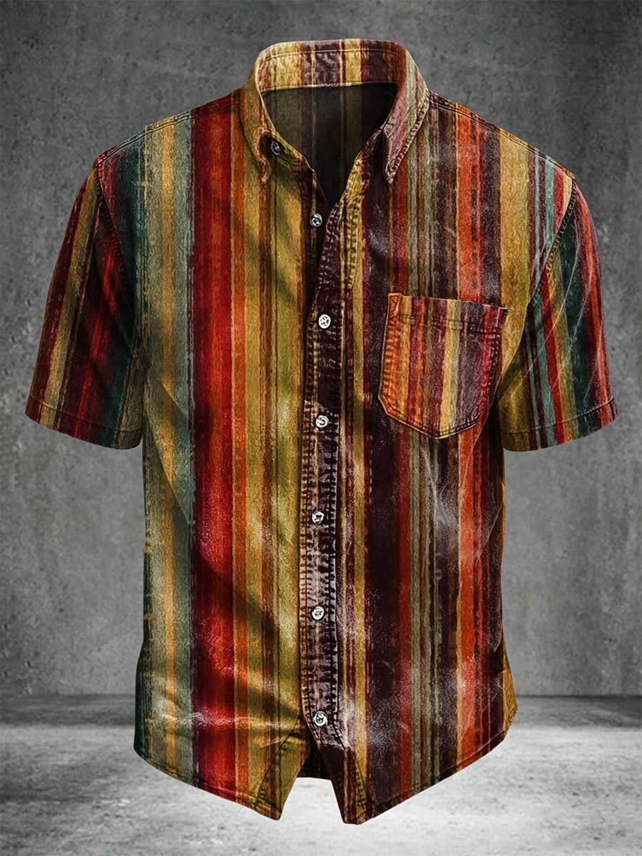 Retro Striped Print Casual Short-Sleeved Shirt