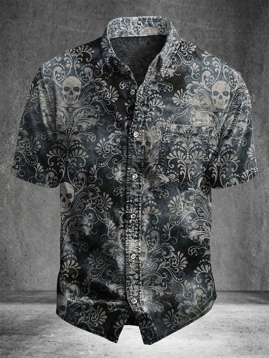 Skull Baroque Print Casual Short-Sleeve Shirt