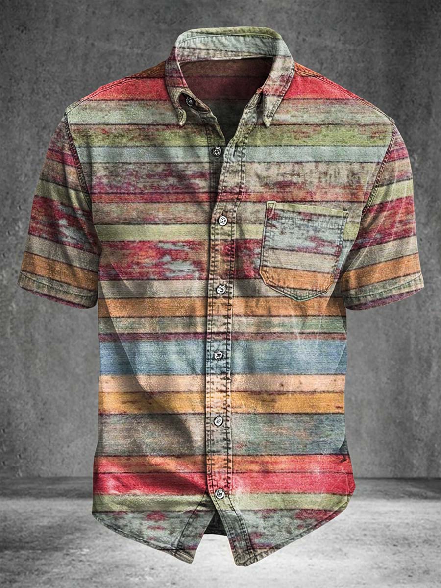 Distressed Horizontal Stripe Printed Casual Short-Sleeved Shirt