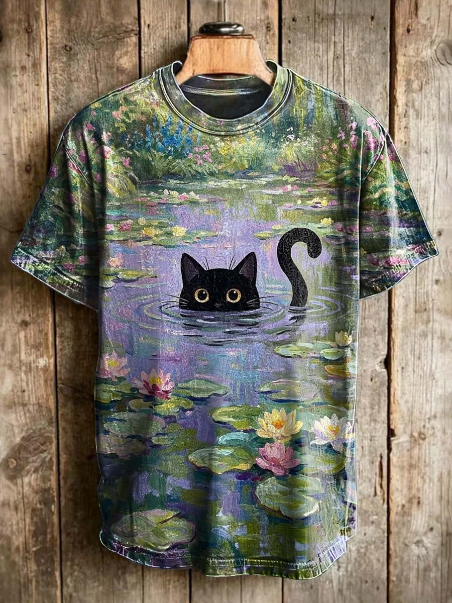 Playful Monet Water Lilies and Cat Print Casual Short-Sleeve T-Shirt