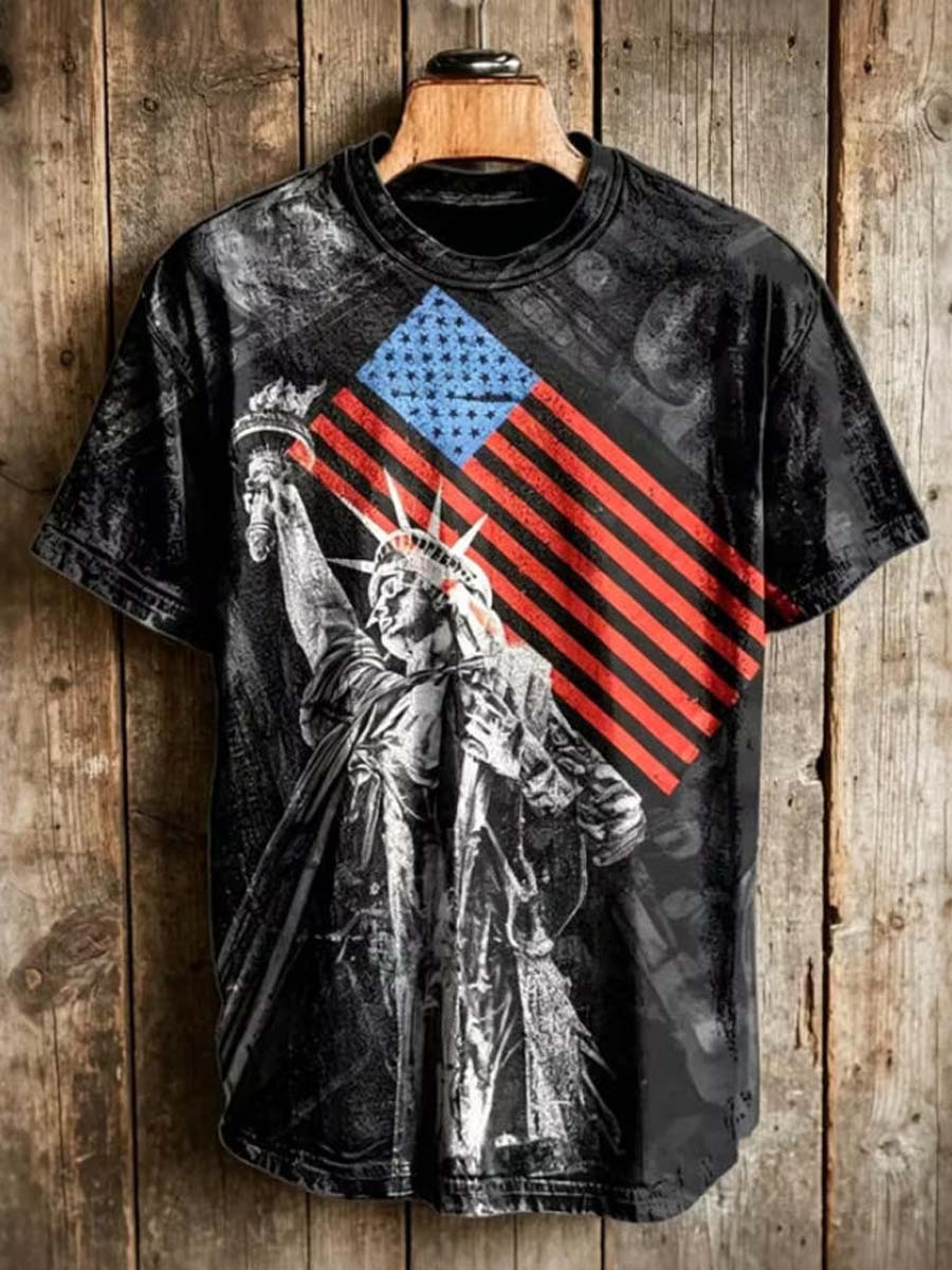 Statue of Liberty Flag Print Casual Short-Sleeve T-Shirt